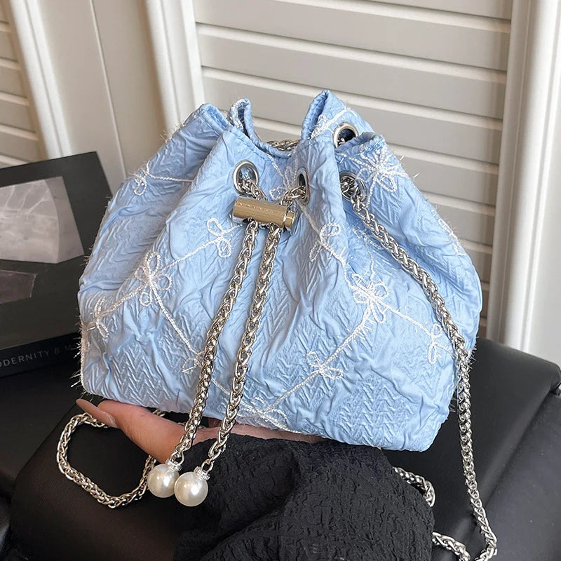 Handbag Satin Drawstring Closure Pearl & Chain Accents