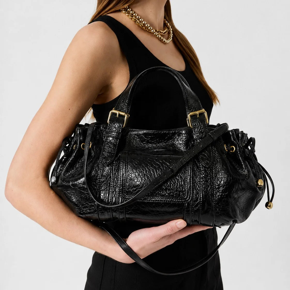 Handbag Textured Leather Structured Design Detachable Shoulder Strap