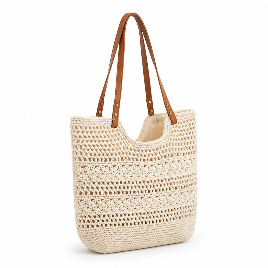 Handcrafted Braided Macrame Shopping Bag (Leather Handles)