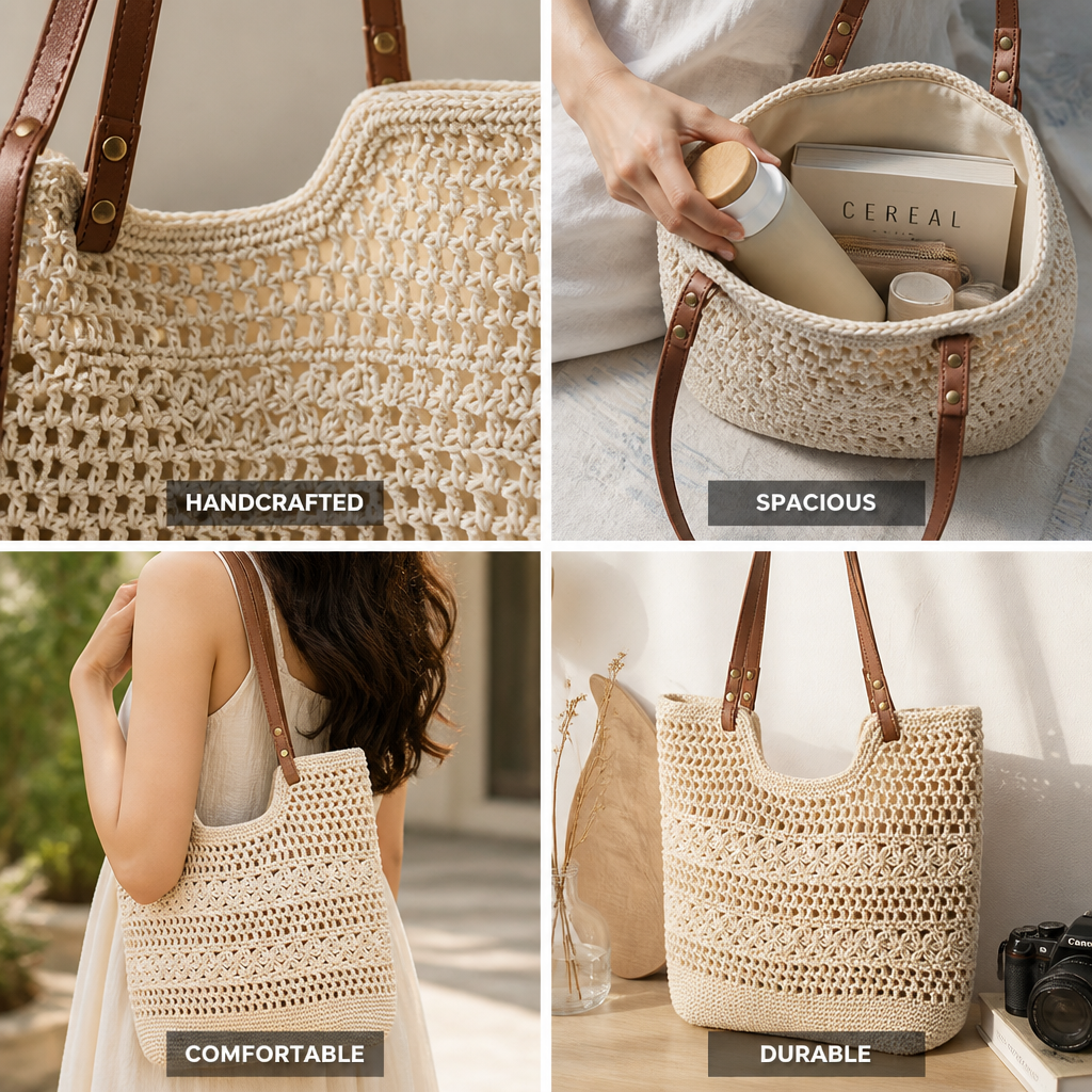 Handcrafted Braided Macrame Shopping Bag (Leather Handles)