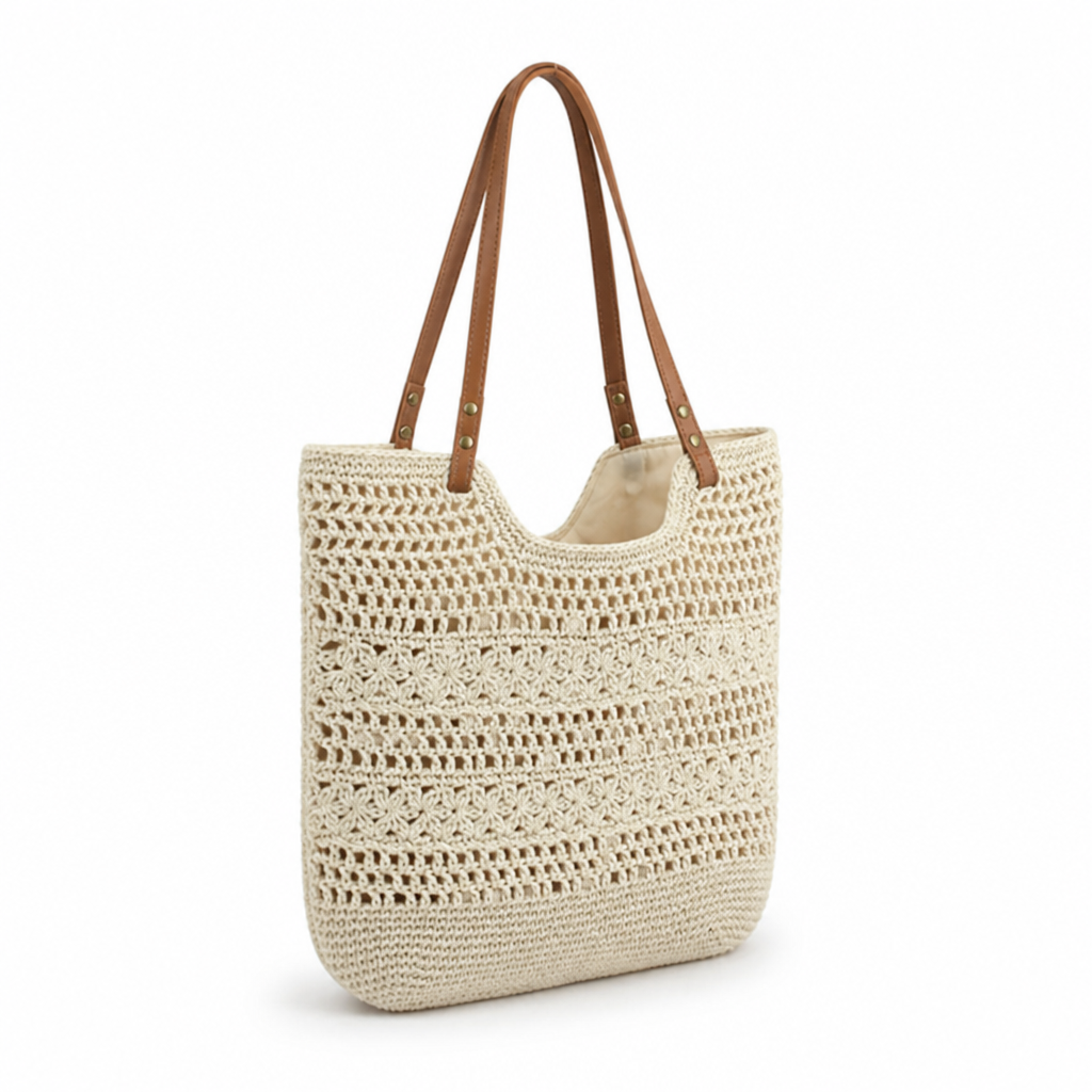 Handcrafted Braided Macrame Shopping Bag (Leather Handles)