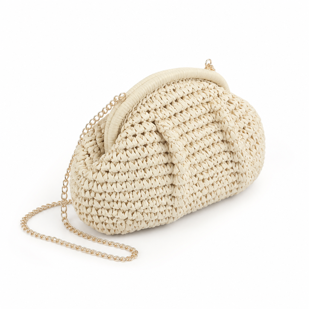 Handcrafted Braided Natural-Fiber Clutch With Chain Strap