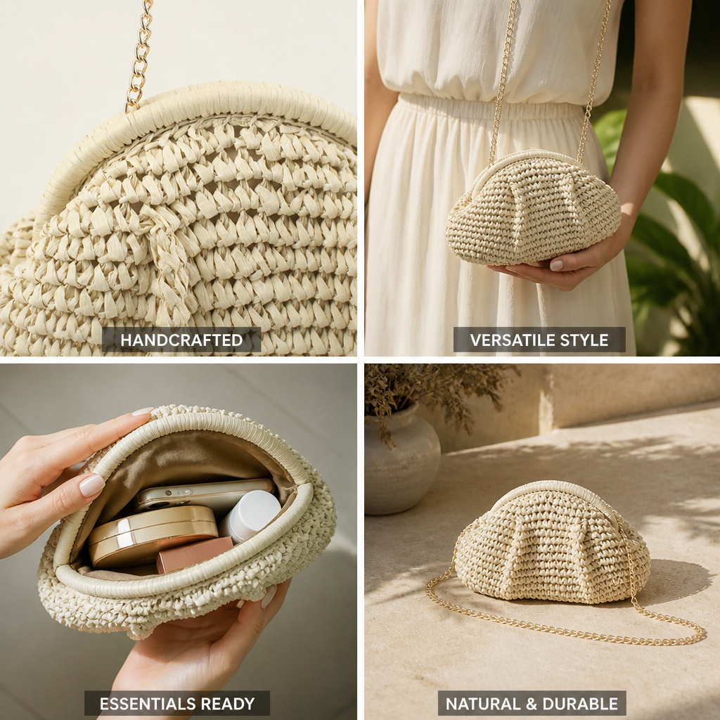 Handcrafted Braided Natural-Fiber Clutch With Chain Strap