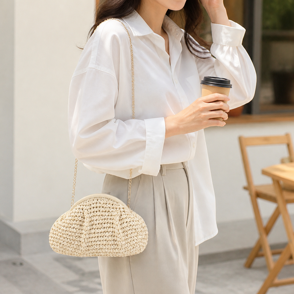 Handcrafted Braided Natural-Fiber Clutch With Chain Strap