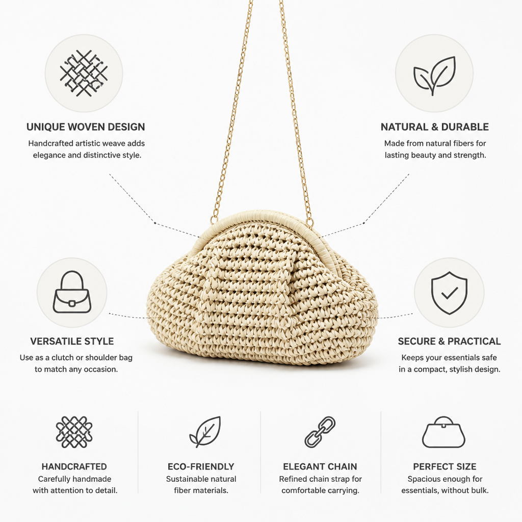 Handcrafted Braided Natural-Fiber Clutch With Chain Strap