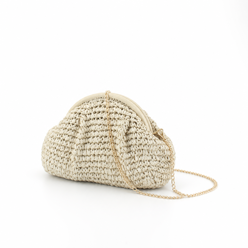 Handcrafted Braided Natural-Fiber Clutch With Chain Strap