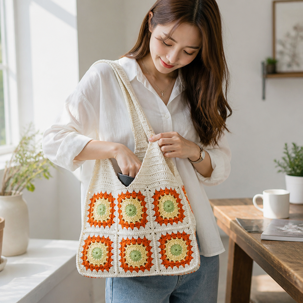 Handcrafted Colorful Crochet Handbag (Wide Shoulder Straps)