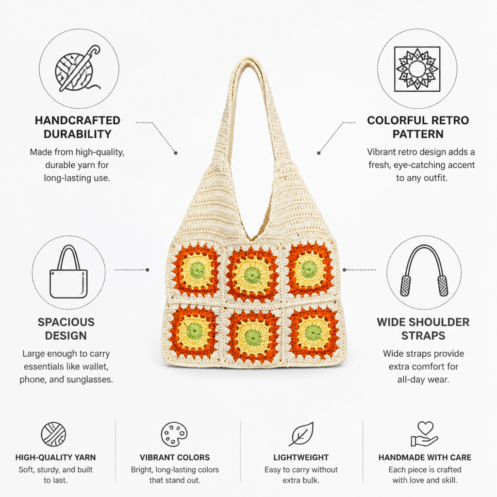 Handcrafted Colorful Crochet Handbag (Wide Shoulder Straps)