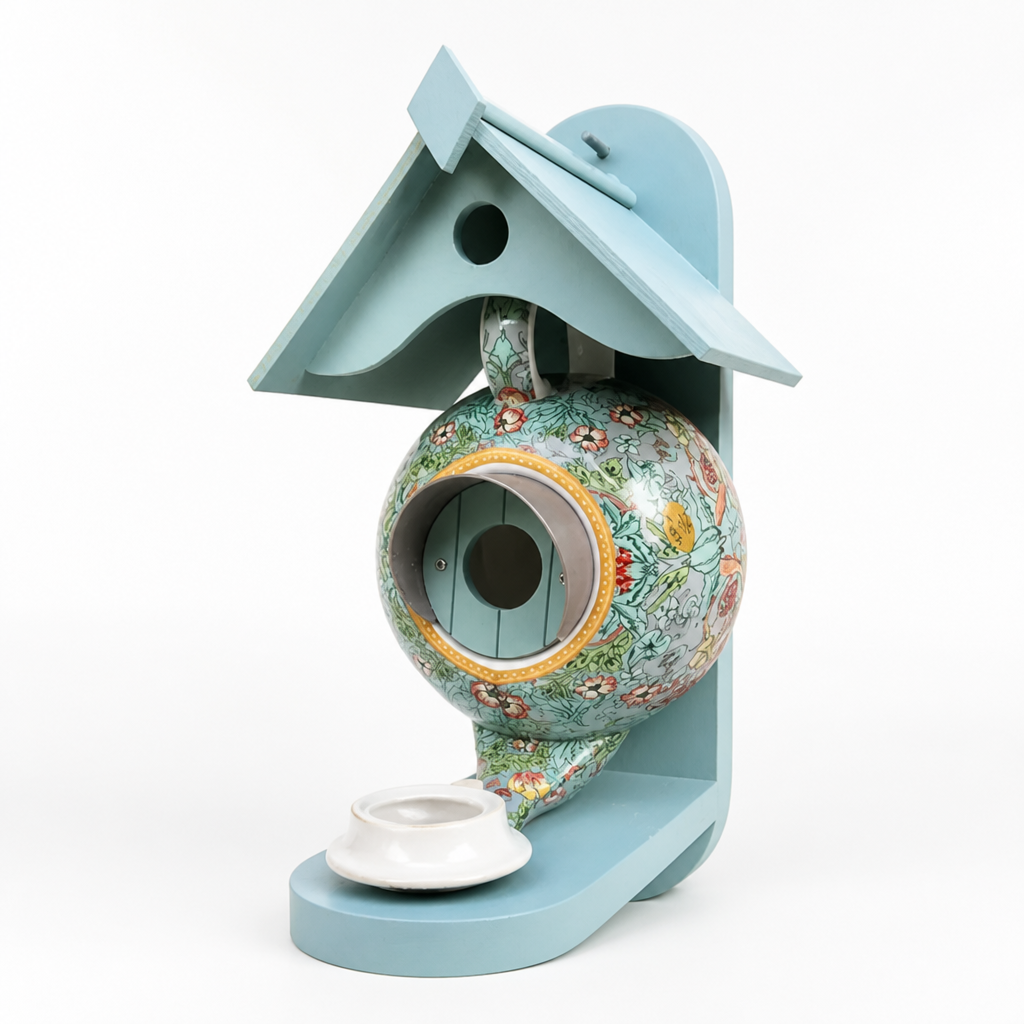 Handcrafted Colorful Teapot-Shaped Resin & Wood Birdhouse