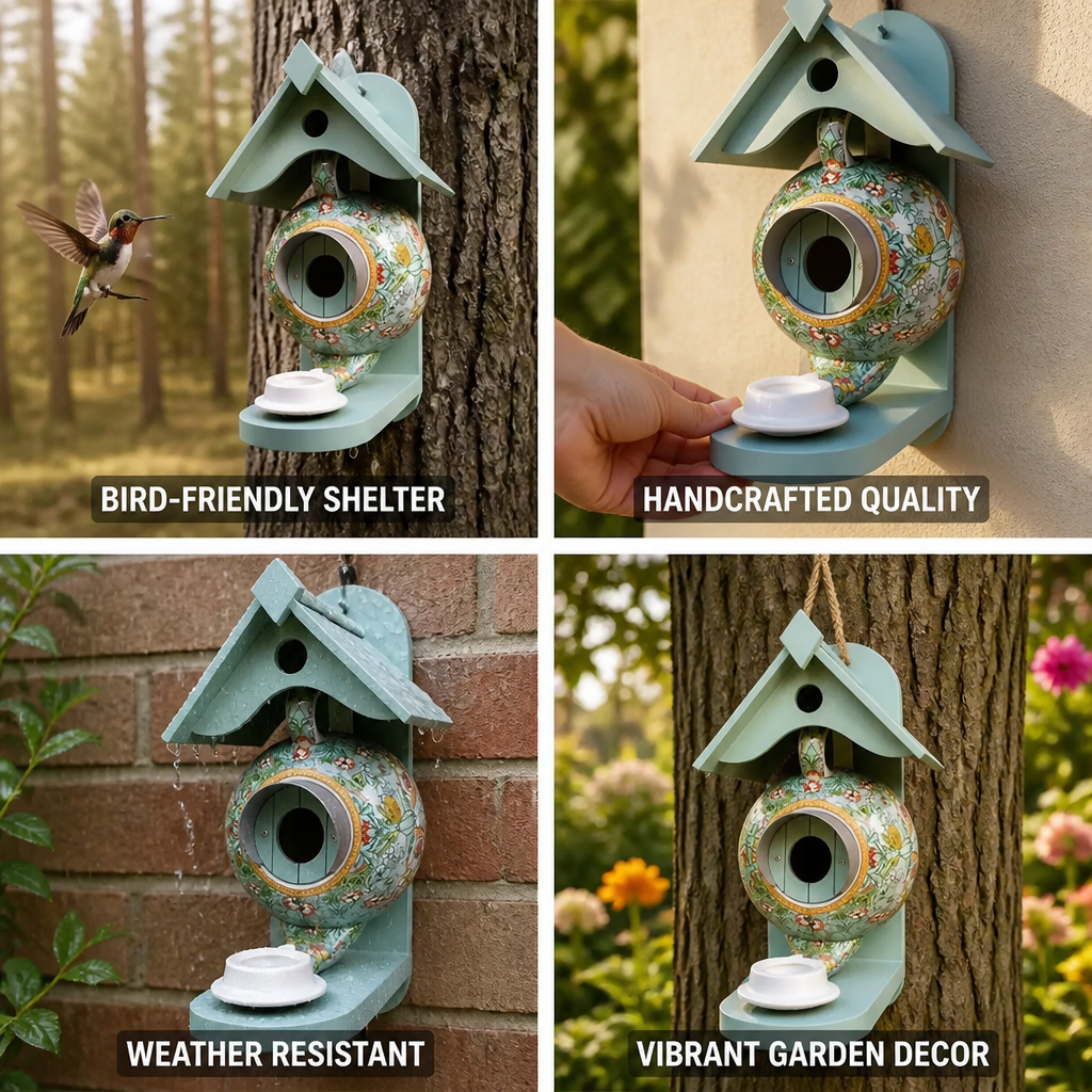 Handcrafted Colorful Teapot-Shaped Resin & Wood Birdhouse