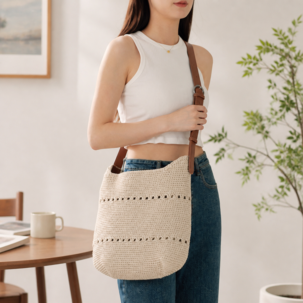 Handcrafted Crochet & Adjustable Leather Strap Crossbody Bag