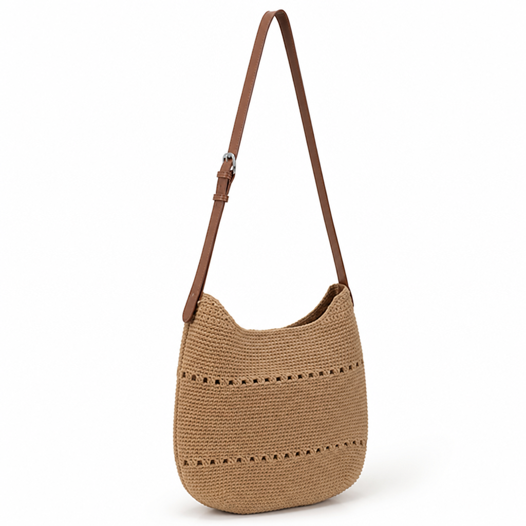 Handcrafted Crochet & Adjustable Leather Strap Crossbody Bag