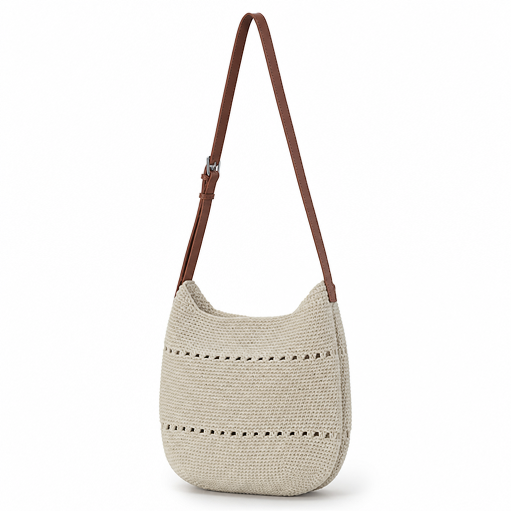 Handcrafted Crochet & Adjustable Leather Strap Crossbody Bag
