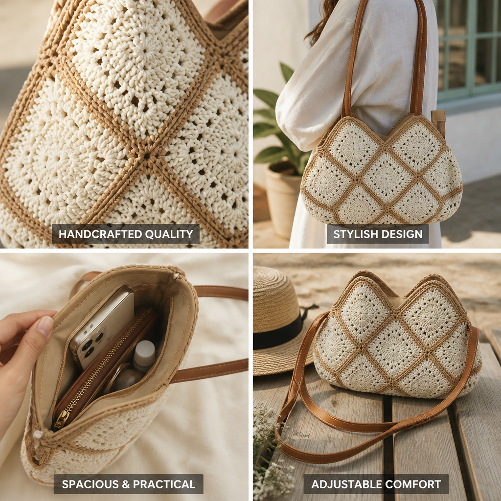 Handcrafted Crochet Leather-Accent Shoulder Bag (Adjustable Strap)