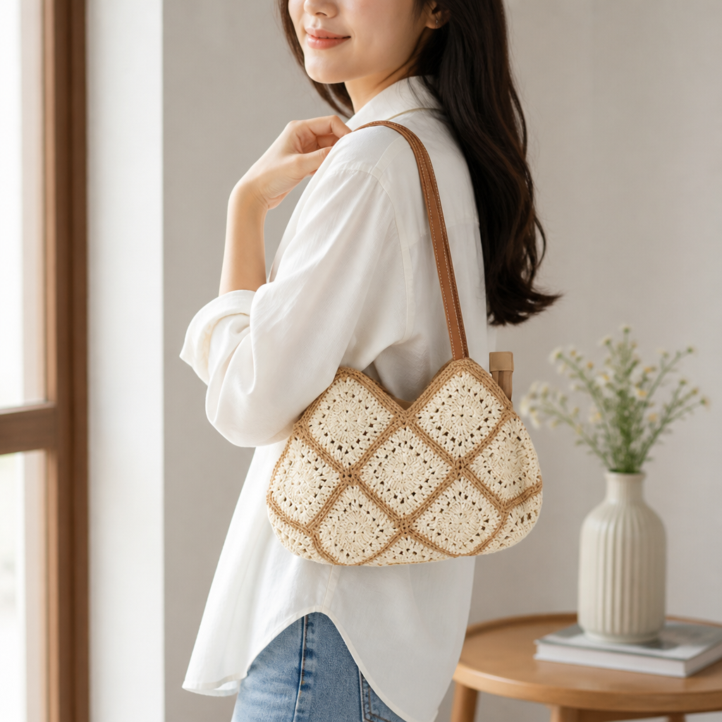 Handcrafted Crochet Leather-Accent Shoulder Bag (Adjustable Strap)