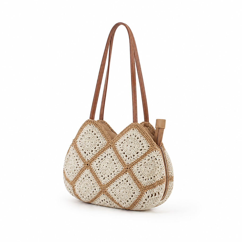 Handcrafted Crochet Leather-Accent Shoulder Bag (Adjustable Strap)