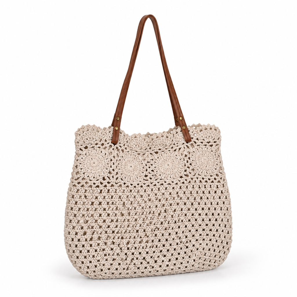 Handcrafted Crochet Leather-Handled Tote Bag