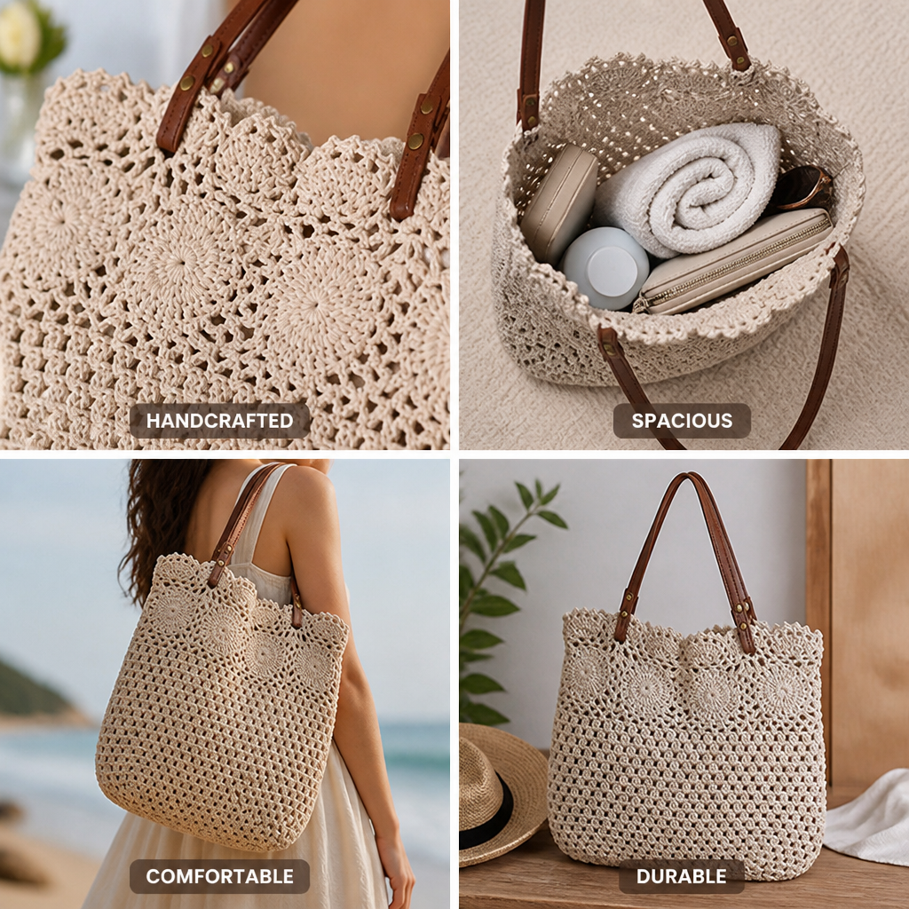Handcrafted Crochet Leather-Handled Tote Bag