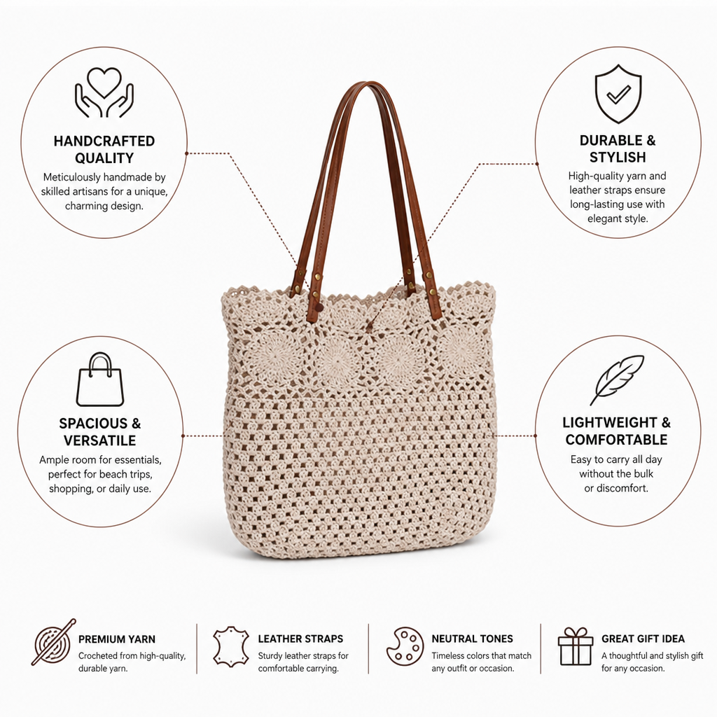 Handcrafted Crochet Leather-Handled Tote Bag