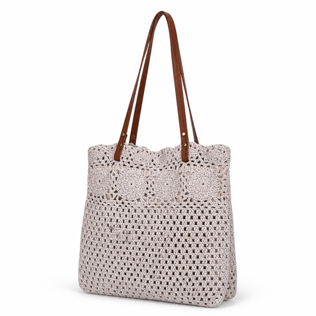 Handcrafted Crochet Leather-Handled Tote Bag