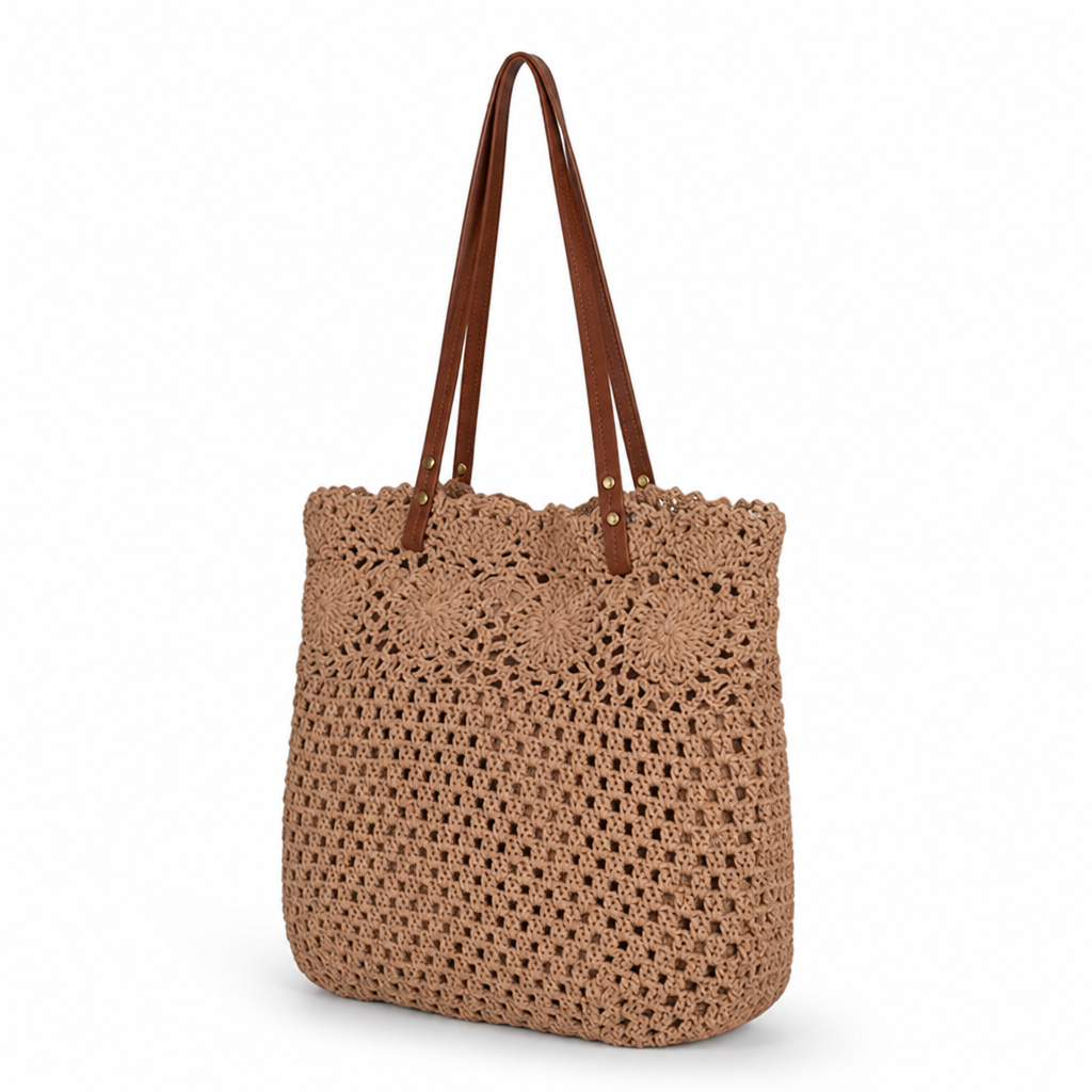 Handcrafted Crochet Leather-Handled Tote Bag