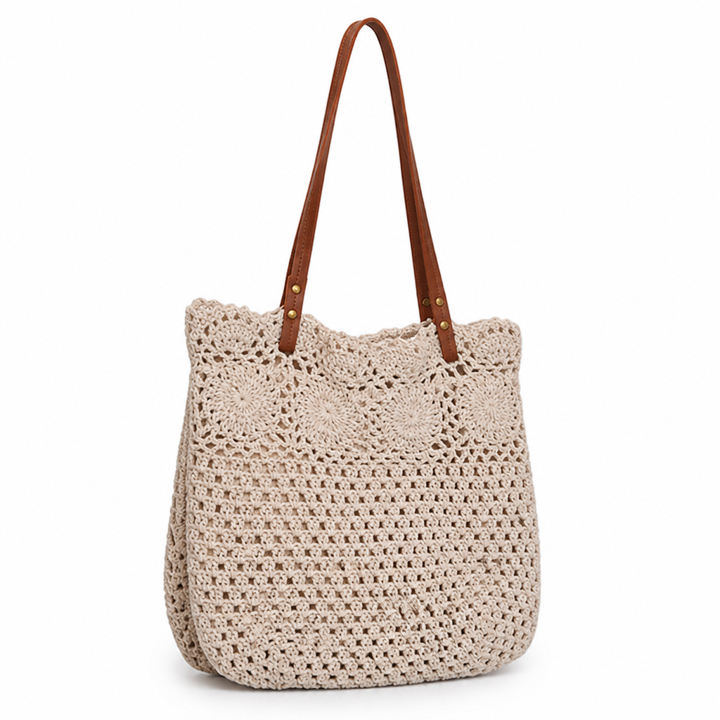 Handcrafted Crochet Leather-Handled Tote Bag