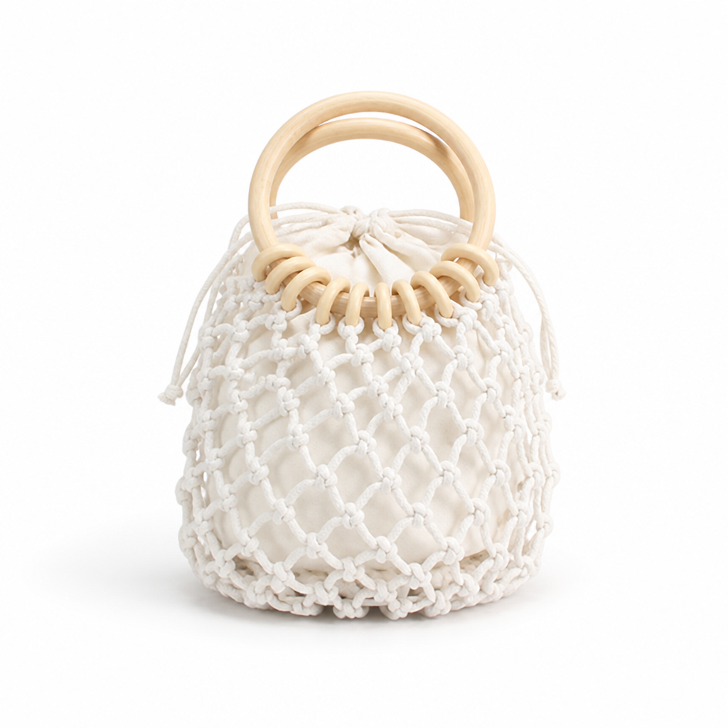 Handcrafted Lightweight Macrame Tote Bag With Wooden Handles