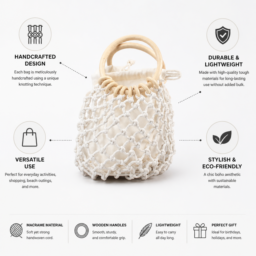Handcrafted Lightweight Macrame Tote Bag With Wooden Handles