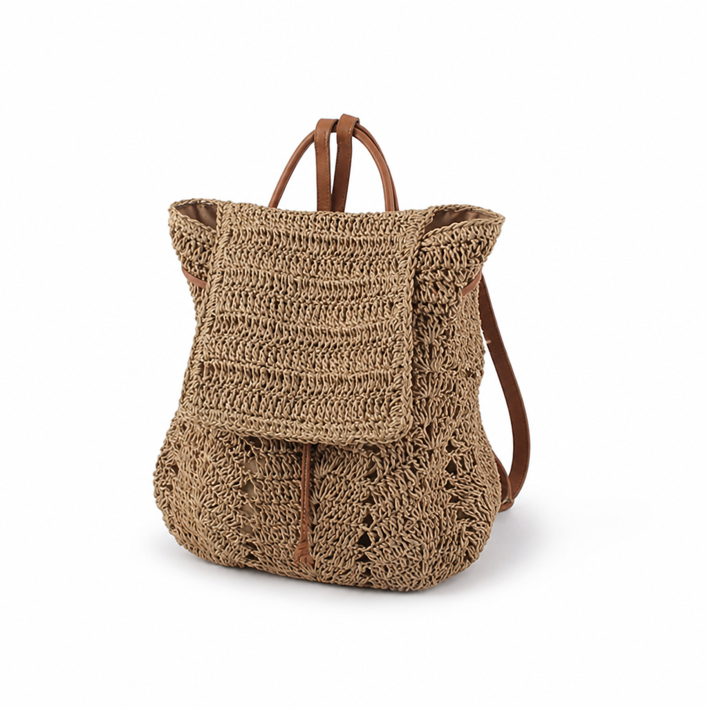 Handcrafted Macramé & Leather-Handled Backpack (Soft Lined Interior)