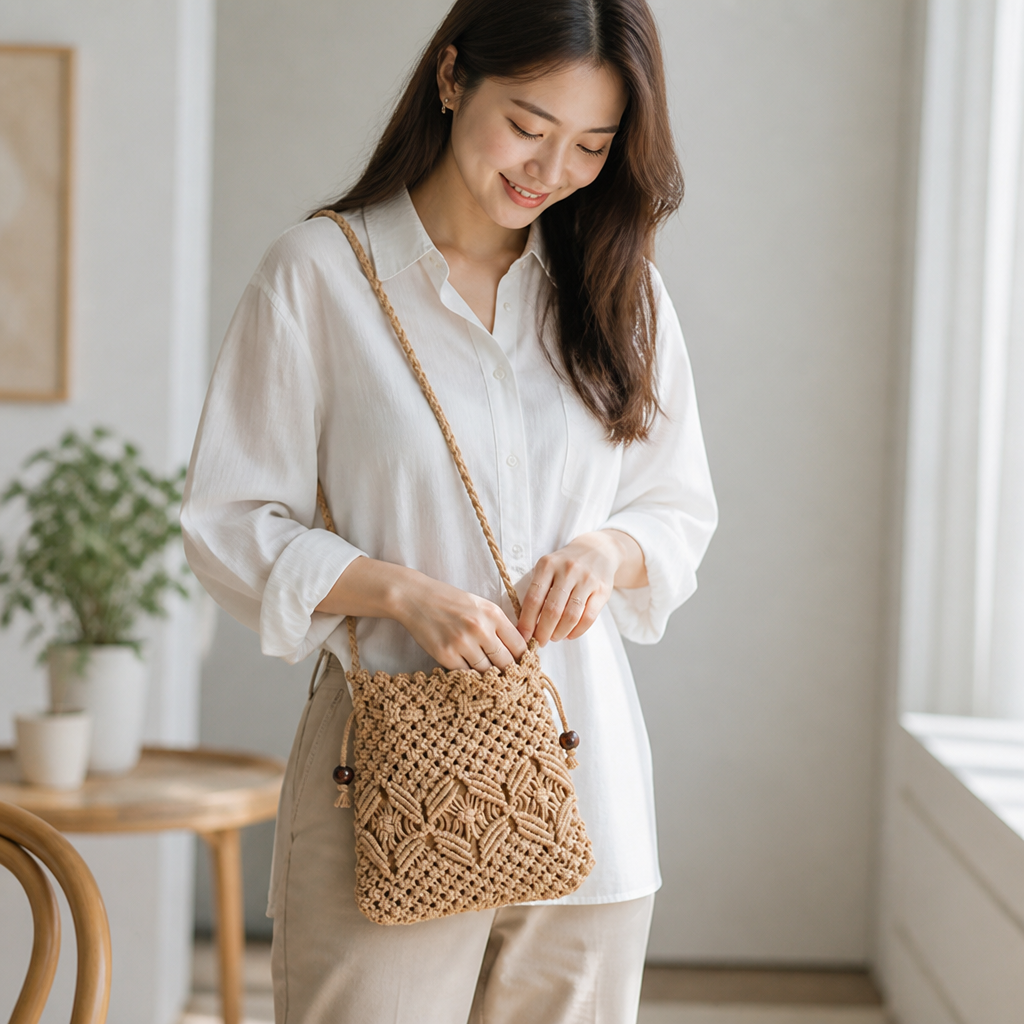 Handcrafted Macramé Shoulder Bag (Adjustable Strap)