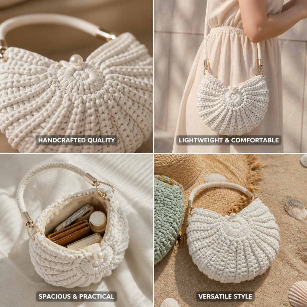 Handcrafted Macrame Crossbody Bag (Braided Handle & Pearl Accent)
