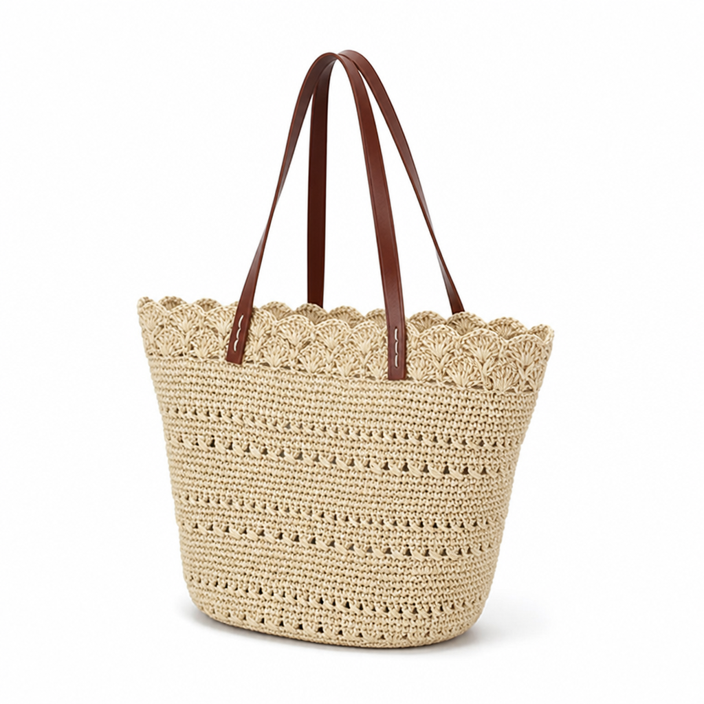 Handcrafted Macrame Leather-Handled Beach Bag