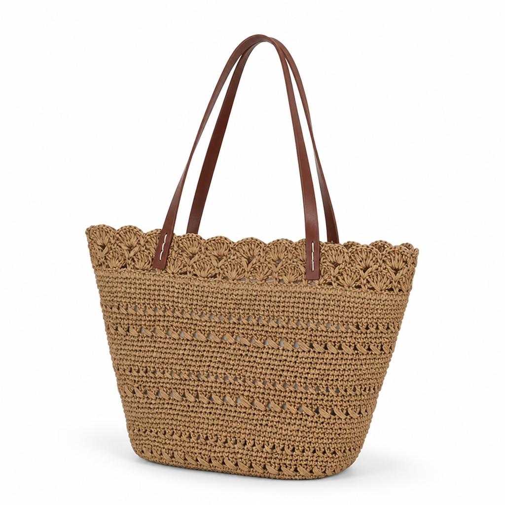 Handcrafted Macrame Leather-Handled Beach Bag