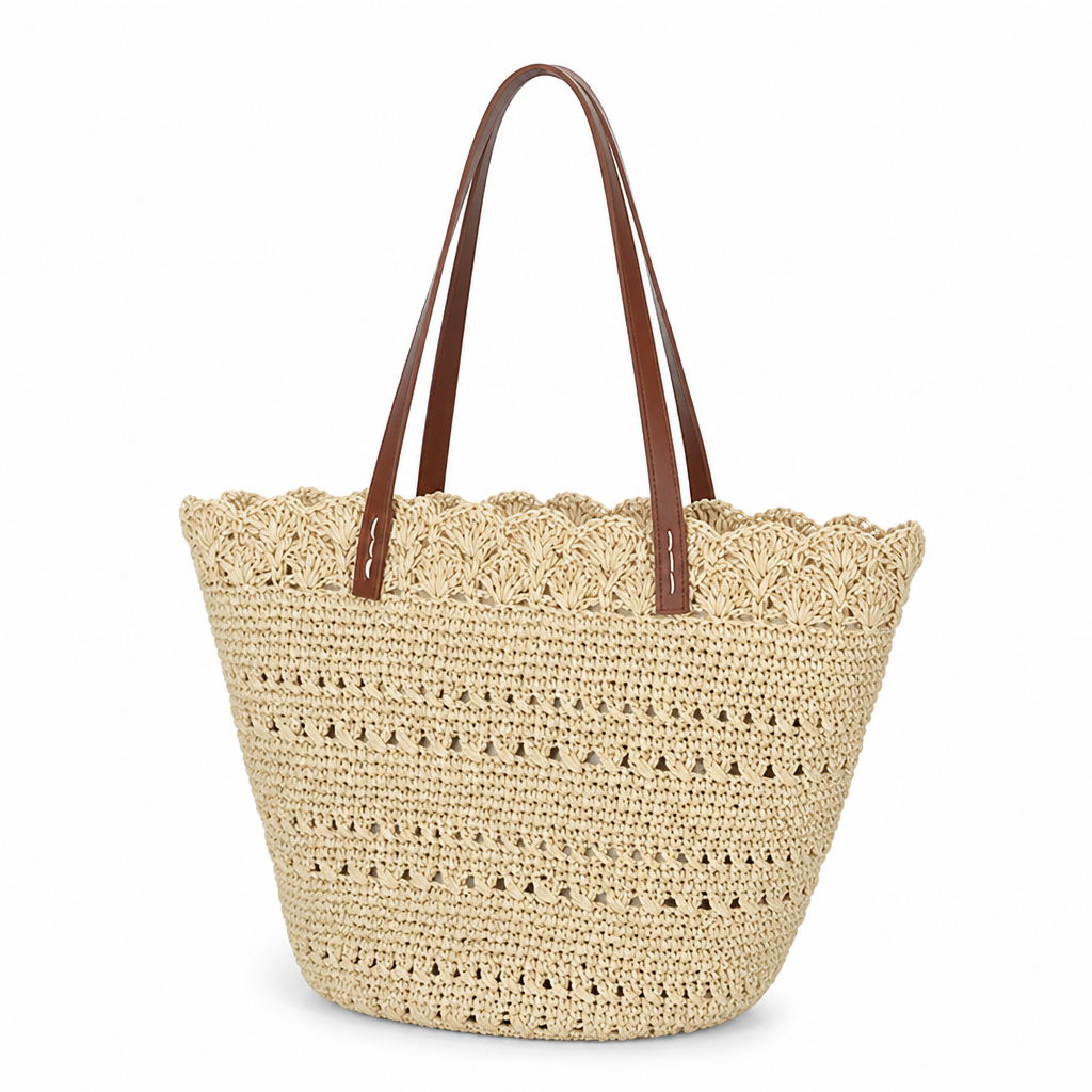 Handcrafted Macrame Leather-Handled Beach Bag
