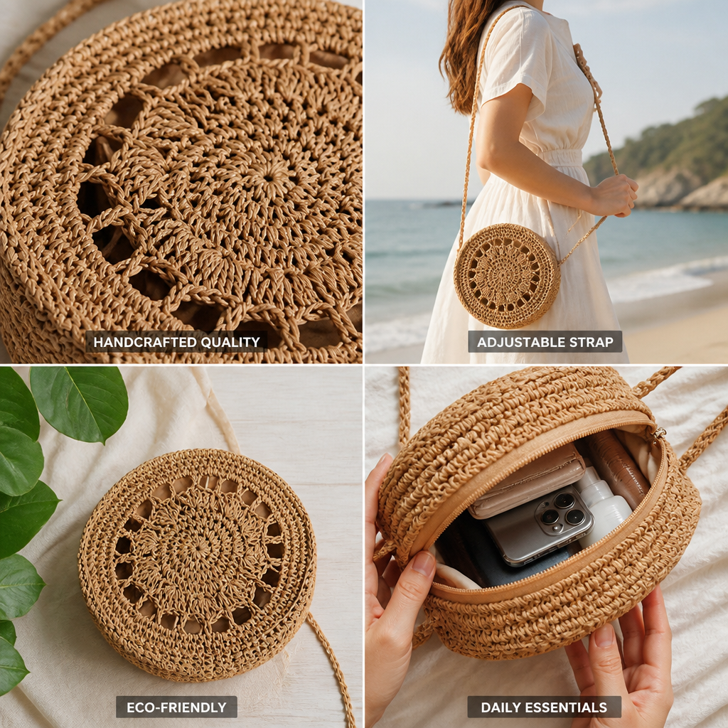 Handcrafted Macrame Round Crossbody Bag (Adjustable Strap)