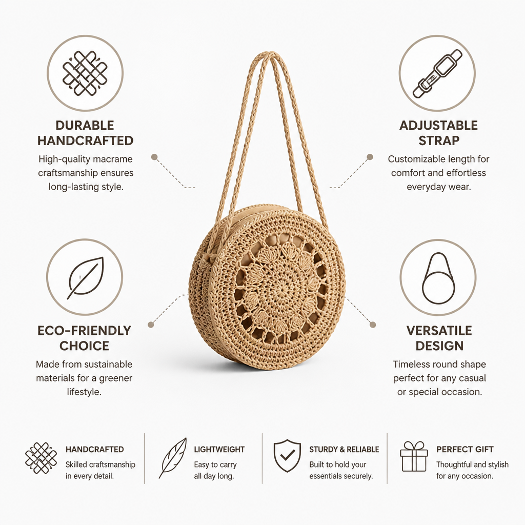 Handcrafted Macrame Round Crossbody Bag (Adjustable Strap)