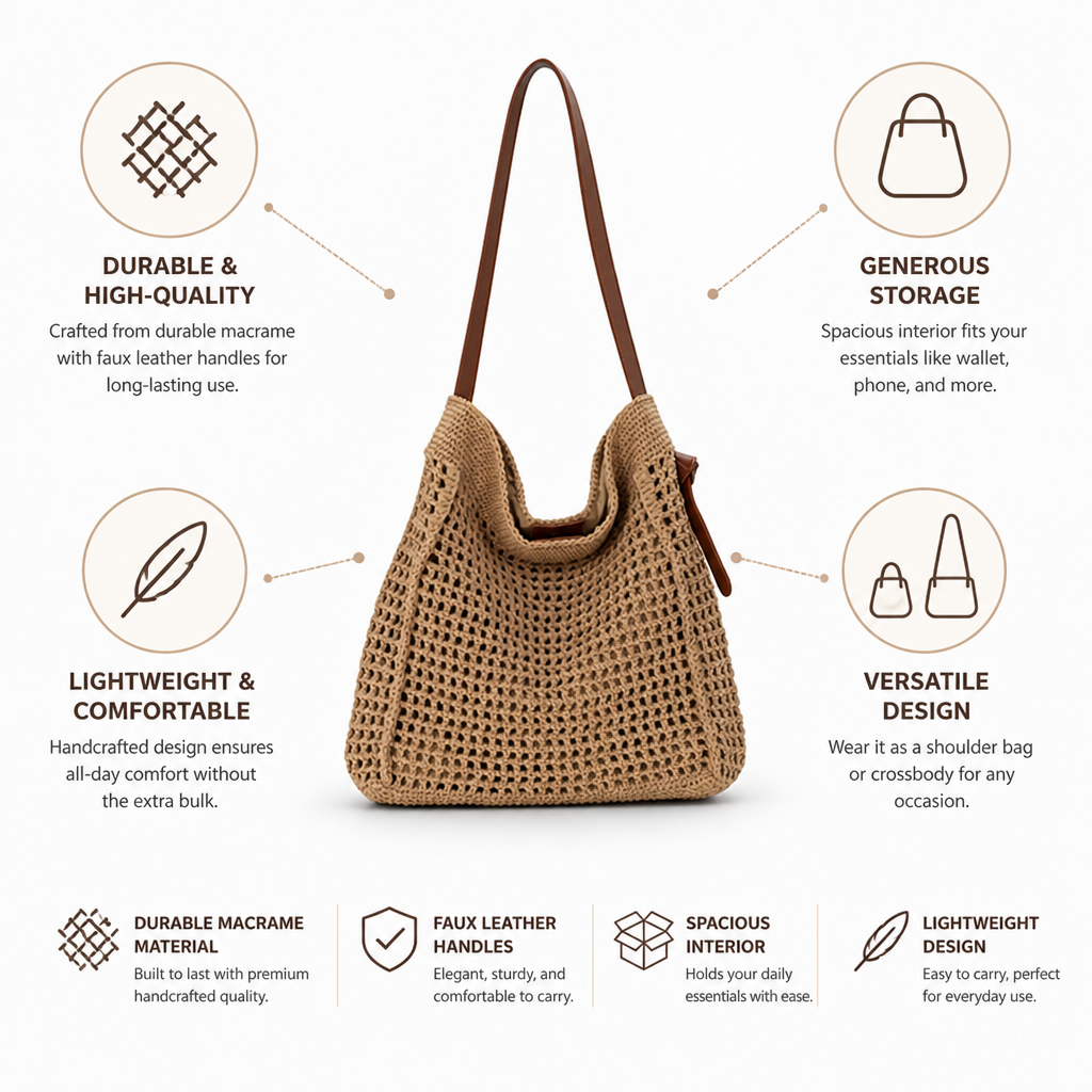 Handcrafted Macrame Shoulder Bag With Faux Leather Handles (Convertible Strap)