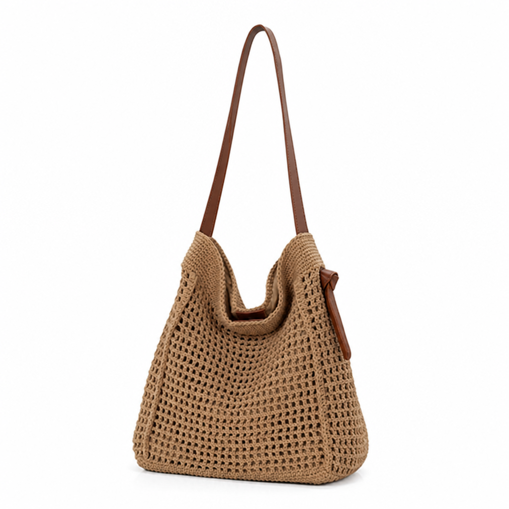 Handcrafted Macrame Shoulder Bag With Faux Leather Handles (Convertible Strap)