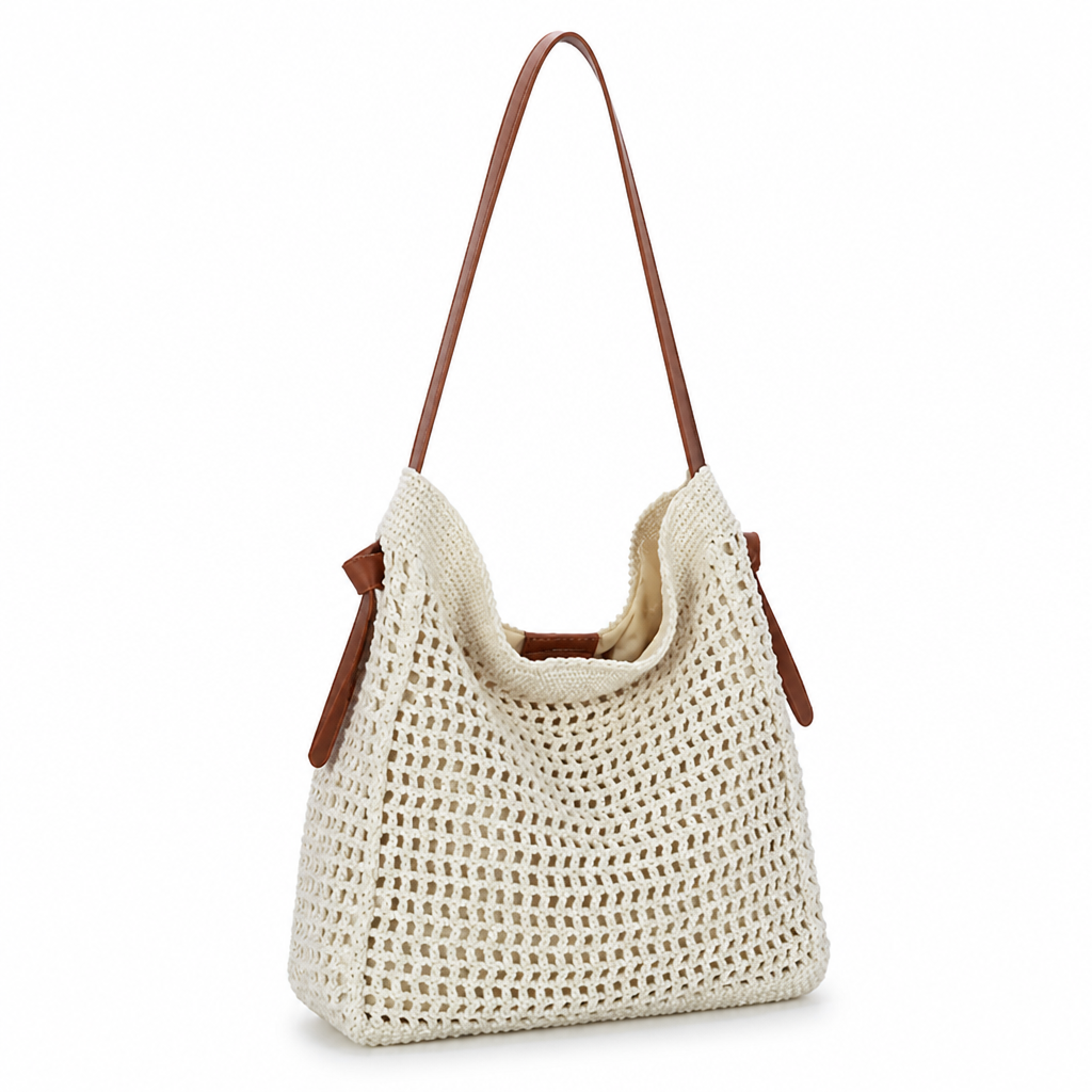 Handcrafted Macrame Shoulder Bag With Faux Leather Handles (Convertible Strap)
