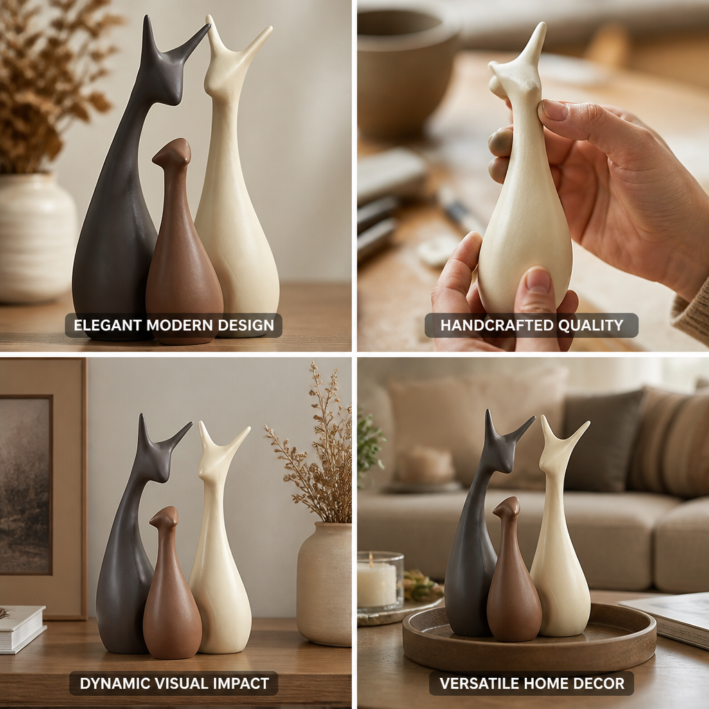 Handcrafted Minimalist Ceramic Deer Figurine Set (3-Piece)