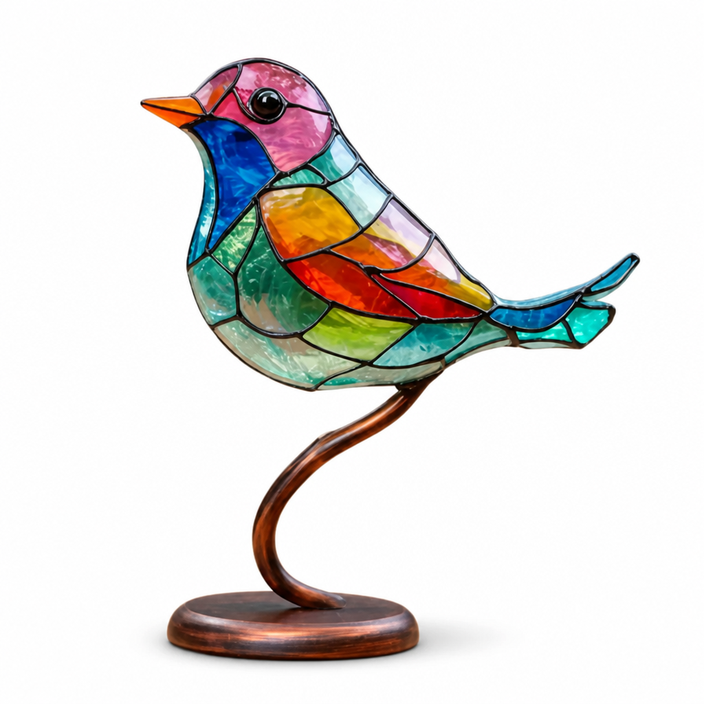 Handcrafted Multicolored Stained Glass Bird Ornament (With Hanging Wire)