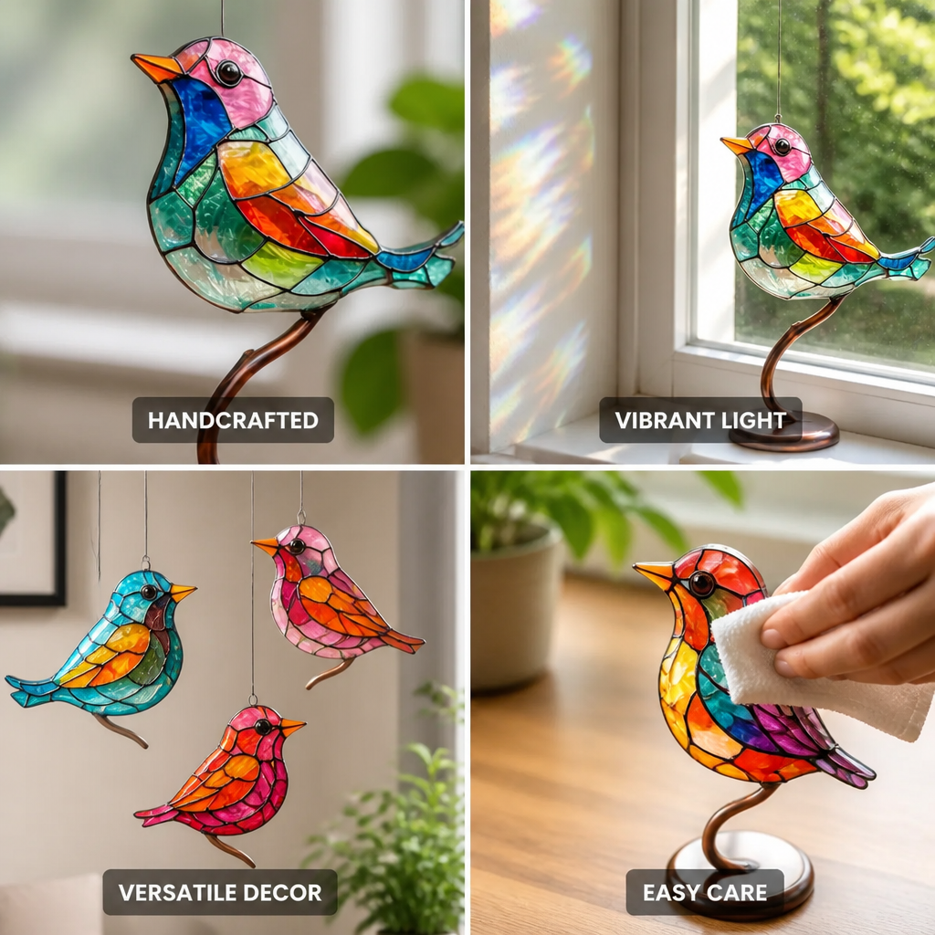 Handcrafted Multicolored Stained Glass Bird Ornament (With Hanging Wire)