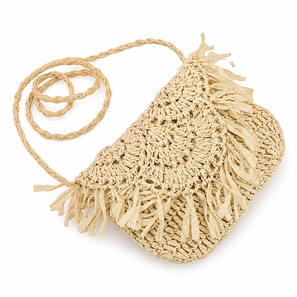Handcrafted Natural Fiber Fringed Shoulder Bag