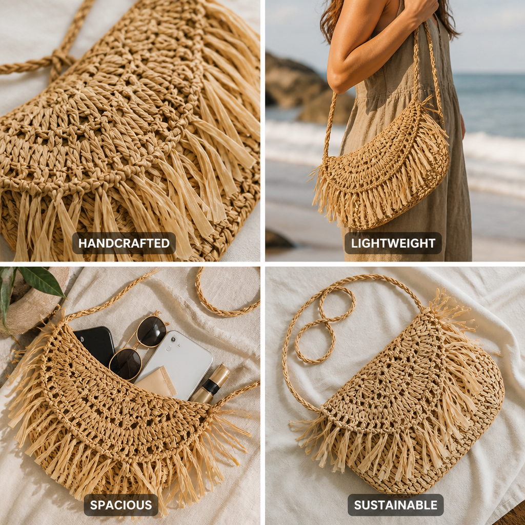 Handcrafted Natural Fiber Fringed Shoulder Bag
