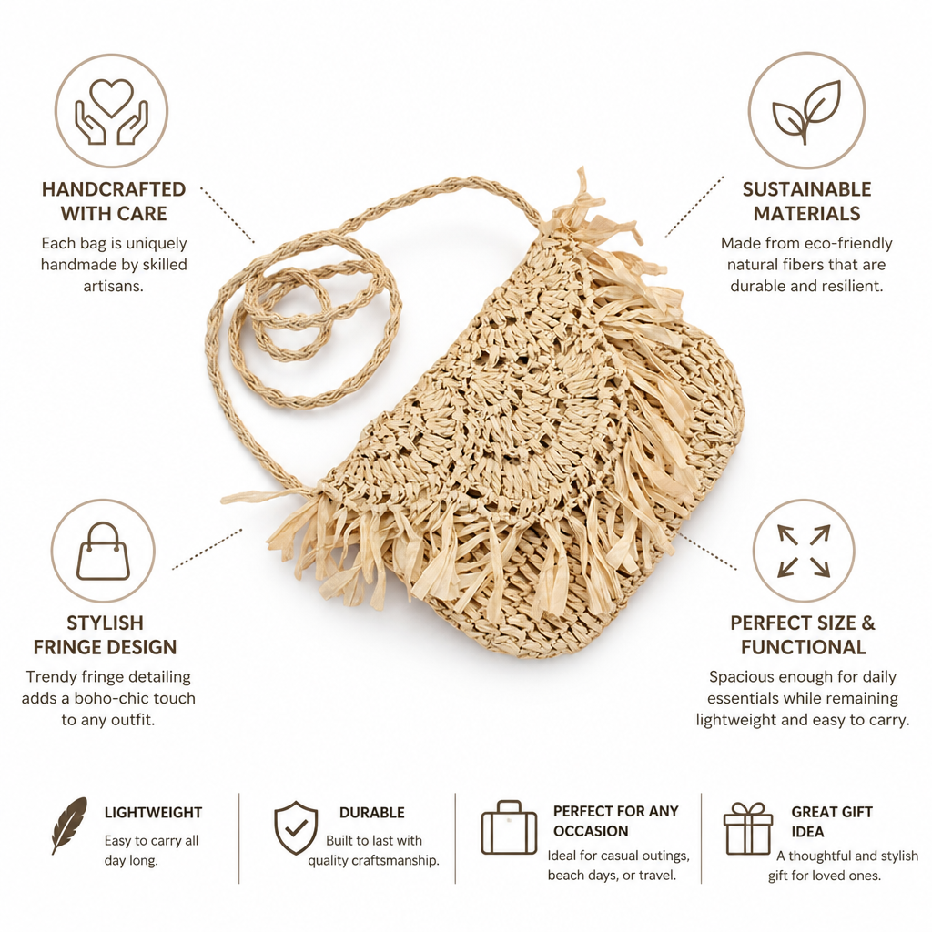 Handcrafted Natural Fiber Fringed Shoulder Bag