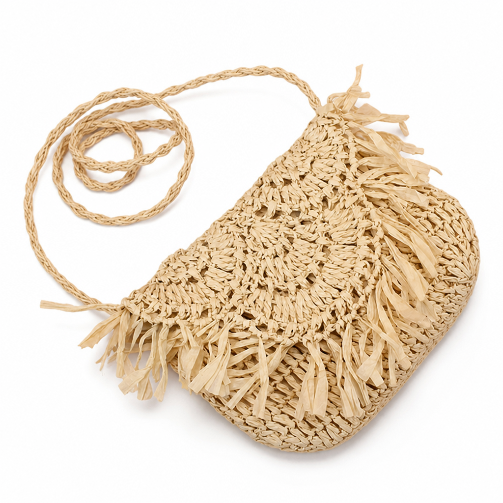Handcrafted Natural Fiber Fringed Shoulder Bag