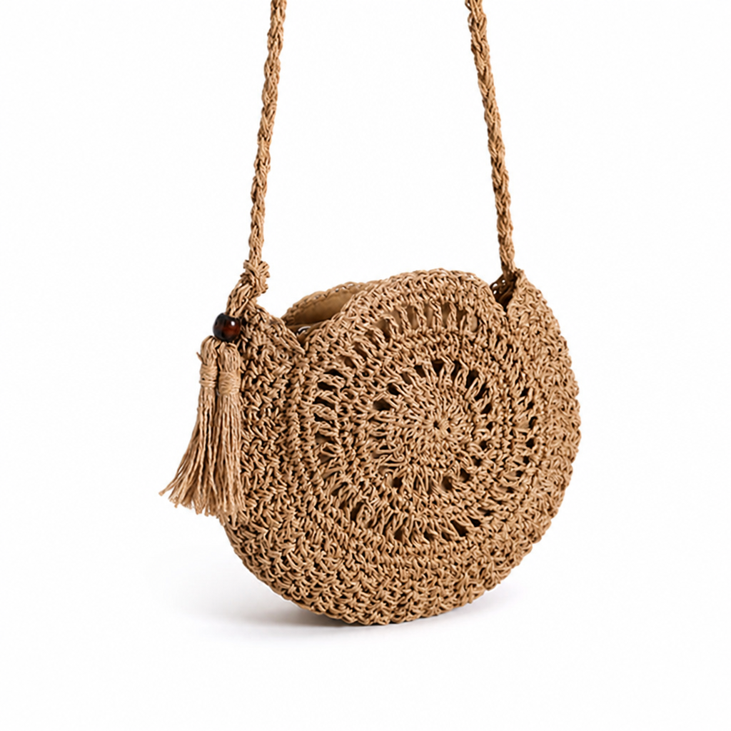 Handcrafted Natural Jute Boho Fringe Round Bag