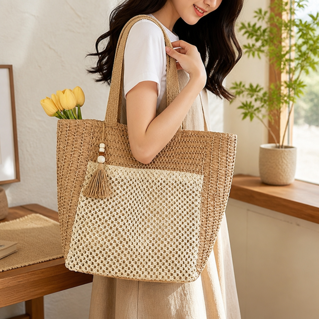 Handcrafted Natural Straw Tote Bag (Tassel Accent)
