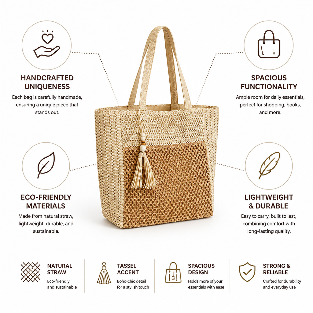Handcrafted Natural Straw Tote Bag (Tassel Accent)