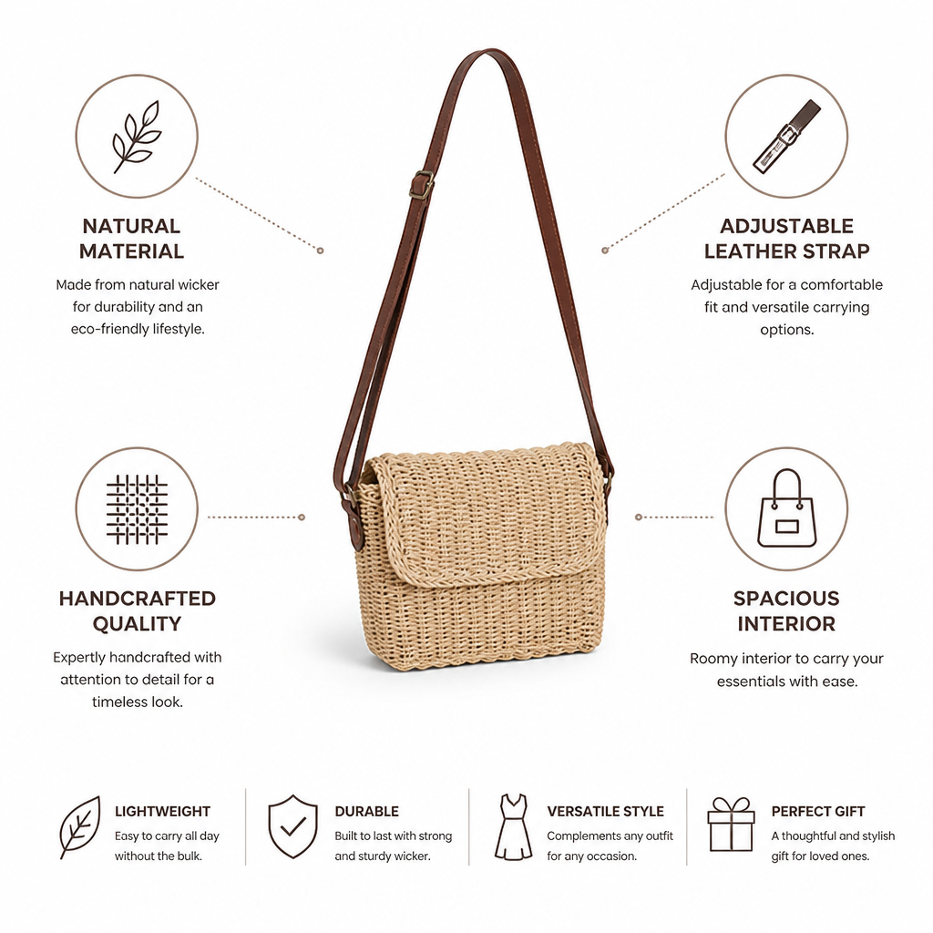 Handcrafted Natural Wicker Handbag (Adjustable Leather Strap)